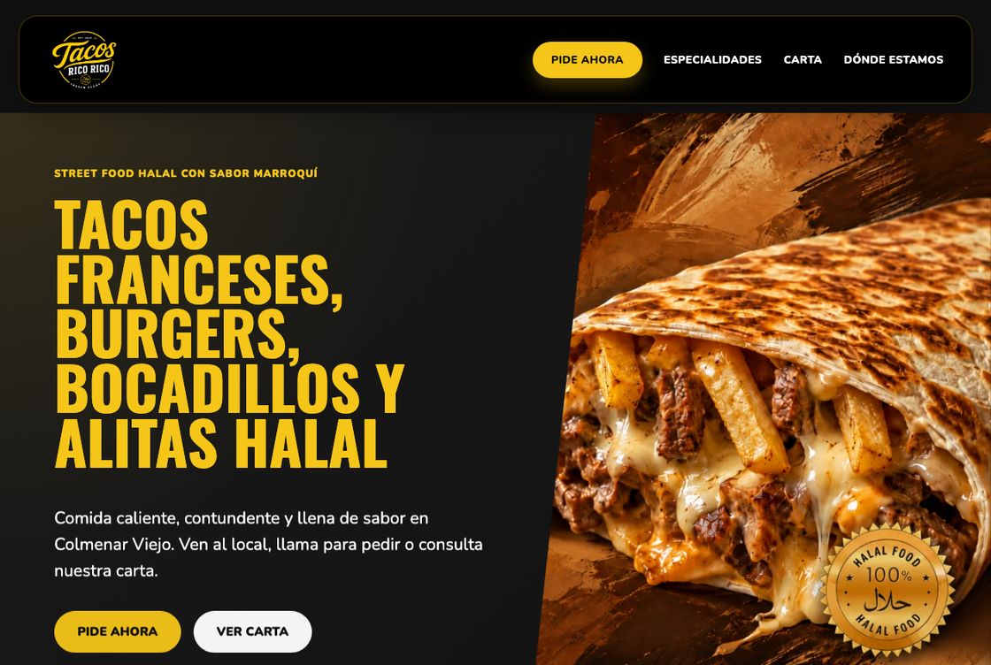 Página de inicio de Tacos Rico Rico vista en ordenador: titular en amarillo sobre fondo oscuro y fotografía de un taco.